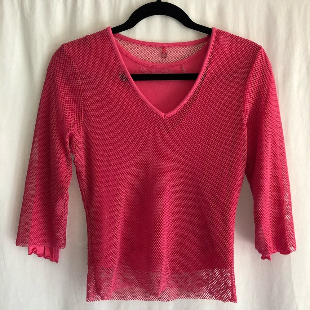 Anthropologie One Girl Who Pink Mesh Top